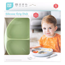 Load image into Gallery viewer, Bumkins Silicone Grip Dish: Sage in a white packaging box with a photo of a child and a clear window partially displaying the dish.