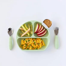 Load image into Gallery viewer, Bumkins Silicone Grip Dish: Sage with mac & cheese, apple, and veggie sticks, a cup of peanut butter, and utensils on a white background.