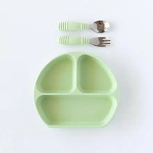 Load image into Gallery viewer, Bumkins Silicone Grip Dish: Sage sits below a matching spoon and fork set on a white background.