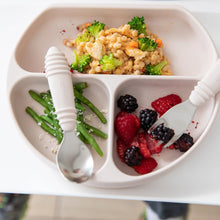 Load image into Gallery viewer, Close-up of Bumkins Silicone Grip Dish: Sand with couscous, broccoli, green beans, and berries, alongside a spoon and fork.