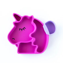Load image into Gallery viewer, Bumkins Silicone Grip Dish Special Edition: Unicorn with a light purple cup attached on a white background.