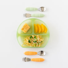Load image into Gallery viewer, Bumkins Silicone Grip Dish: Green Jelly holding noodles, broccoli, orange slices & bread next to two utensil sets on a white background.