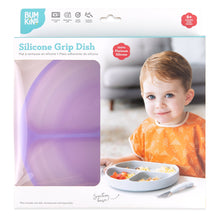 Load image into Gallery viewer, Bumkins Silicone Grip Dish: Purple Jelly in a white packaging box with a photo of a child and a clear window partially displaying the dish.