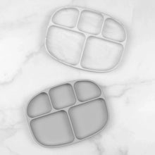 Load image into Gallery viewer, Bumkins Silicone Grip Dish with Lid (5 Section): Gray sits below another similar dish on a marble background.