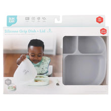 Load image into Gallery viewer, Bumkins Silicone Grip Dish with Lid (5 Section): Gray is shown in a white packaging box with a clear window partially displaying the dish.