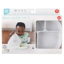 Load image into Gallery viewer, Bumkins Silicone Grip Dish with Lid (5 Section): Marble is shown in a white packaging box with a clear window partially displaying the dish.