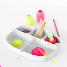 Load image into Gallery viewer, Bumkins Silicone Grip Dish with Lid (5 Section): Marble keeps neon paints, pom-poms, glitter, and wood sticks tidy on a white background.