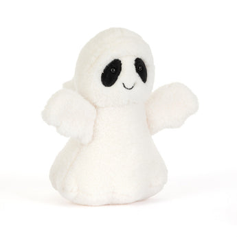 Meet Jellycat Ghost Bob, a plush white ghost with black oval eyes and a smile—perfect for your next collectible!.
