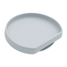 Load image into Gallery viewer, Bumkins Silicone Grip Plate: Gray is a round snack plate with a raised edge and open section, made from food-safe silicone.