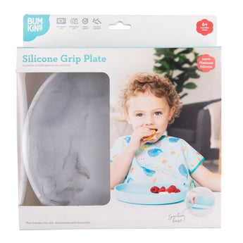 Bumkins Silicone Grip Plate: Marble in a white packaging box with a photo of a child and a clear window partially displaying the dish.