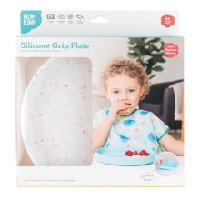 Load image into Gallery viewer, Bumkins Silicone Grip Plate: Vanilla Sprinkle in a white packaging box with a photo of a child and a clear window partially displaying the dish.