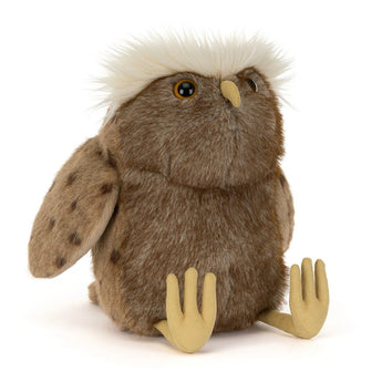 Jellycat Tawoola Owl—an adorable plush with brown fur, spotted wings, and fluffy tufts. Perfect for soft toy collectors!.