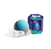 Load image into Gallery viewer, A round blue/purple bath bomb with bubbles, next to its plant-based Galaxy Bath Bombs packaging by Loot Toys.