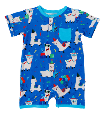 The Landon Shortie Romper by Birdie Bean features festive llamas in party hats, crafted from bamboo viscose, ideal for sensitive skin.
