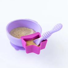 Load image into Gallery viewer, A Bumkins Silicone Little Dipper 3-Pack: Lollipop with a spoon, attached to a purple bowl on a white background.