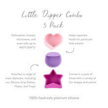 Load image into Gallery viewer, Infographic of Bumkins Silicone Little Dipper 3-Pack: 100% food-safe platinum silicone, attaches to most dishware, perfectly sized for sauces.