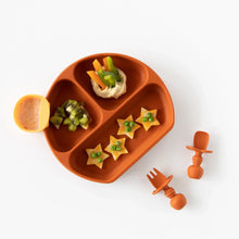 Load image into Gallery viewer, A plate with fruit, veggies, and hummus on a white background, with utensils and an orange Bumkins Silicone Little Dipper 3-Pack: Tutti-Frutti.