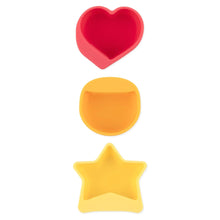 Load image into Gallery viewer, Bumkins Silicone Little Dipper 3-Pack: Tutti-Frutti includes red heart, orange circle, and yellow star cups made of food-safe silicone.