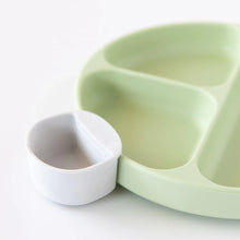Load image into Gallery viewer, Close-up of a marble Bumkins Silicone Little Dipper Round 3-Pack: Taffy attached to a green sectioned plate on a white background.