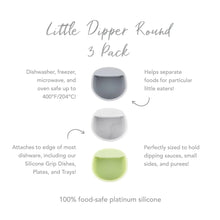 Load image into Gallery viewer, Infographic of Bumkins Silicone Little Dipper 3-Pack: 100% food-safe platinum silicone, attaches to most dishware, perfectly sized for sauces.