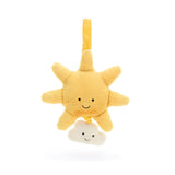Jellycat Musical Pull Amuseables Sun plush yellow toy hanging above a white cloud with a pull cord.