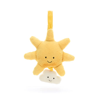 Jellycat Musical Pull Amuseables Sun plush yellow toy hanging above a white cloud with a pull cord.