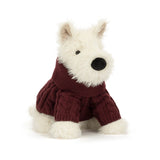 A soft Jellycat Munro Scottie Winter Jumper plush dog with white fur wearing a maroon cable-knit turtleneck sweater.