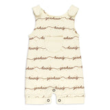 Organic Sleeveless Romper, Howdy: cream sleeveless romper with brown "howdy" & "yeehaw" script pattern; made of 100% organic cotton.