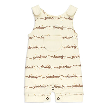 Organic Sleeveless Romper, Howdy: cream sleeveless romper with brown "howdy" & "yeehaw" script pattern; made of 100% organic cotton.