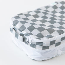Load image into Gallery viewer, Close-up of a Bumkins Packing Cube 2 Pack: Charcoal Check on a white background, highlighting the top handle and zipper.