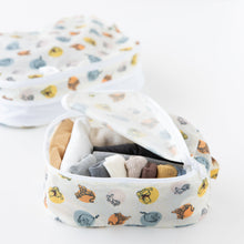 Load image into Gallery viewer, Bumkins Packing Cube 2 Pack: Winnie + Friends is displayed on a white background; one cube is open with neatly folded clothes inside.