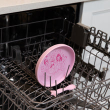 Load image into Gallery viewer, Bumkins Silicone Plate + Spoon Set: Disney Princess sits in the top rack of an open dishwasher.