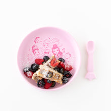 Load image into Gallery viewer, Bumkins Silicone Plate + Spoon Set: Disney Princess filled with waffles, berries & powdered sugar on a white background.