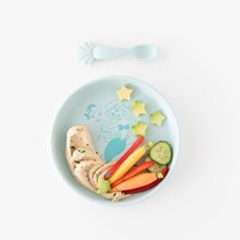 Load image into Gallery viewer, Bumkins Silicone Plate + Spoon Set: Disney Princess Ariel holds hummus, carrots, and cucumber stars on a white background.