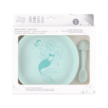 Load image into Gallery viewer, Bumkins Silicone Plate + Spoon Set: Disney Princess Ariel is shown in a packaging box, with a clear window displaying the plate and spoon.
