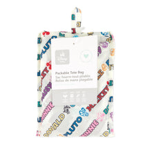 Load image into Gallery viewer, Bumkins Packable Tote Bag: Mickey & Friends Varsity is folded with its packaging tag.