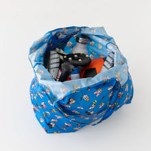 Load image into Gallery viewer, Aerial view of Bumkins Packable Tote Bag: Mickey & Friends Forever on a white background, shown open to reveal sports gear inside.