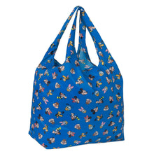 Load image into Gallery viewer, Bumkins Packable Tote Bag: Mickey & Friends Forever featuring cartoon faces on blue waterproof fabric.