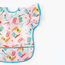 Load image into Gallery viewer, Bumkins Ruffle Apron Bib: Boots lays flat on a white background.