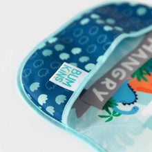 Load image into Gallery viewer, Close-up of a Bumkins SuperBib® 3 Pack: Hangry, Dinosaurs, Blue Tropic on a white background, with focus on the front pocket.