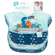 Load image into Gallery viewer, Bumkins SuperBib® 3 Pack: Hangry, Dinosaurs, Blue Tropic is shown on a white packaging header.