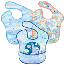Load image into Gallery viewer, Bumkins SuperBib® 3 Pack: Stitch Star-ring Up Trouble features space and cartoon alien designs on waterproof fabric.