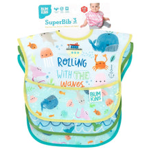 Load image into Gallery viewer, Bumkins SuperBib® 3 Pack: Rolling With the Waves is shown on a white packaging header.
