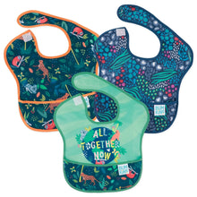 Load image into Gallery viewer, Bumkins SuperBib® 3 Pack: All Together Now includes 3 waterproof bibs with animal designs, front pocket, and hook-and-loop closure.