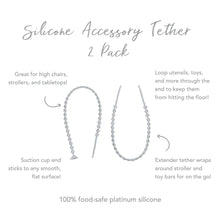 Load image into Gallery viewer, Infographic of Bumkins Silicone Accessory Tether 2-Pack:100% food-safe platinum silicone, suction cup end, extended tether.