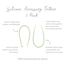Load image into Gallery viewer, Infographic of Bumkins Silicone Accessory Tether 2-Pack:100% food-safe platinum silicone, suction cup end, extended tether.