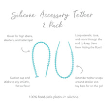Load image into Gallery viewer, Infographic of Bumkins Silicone Accessory Tether 2-Pack:100% food-safe platinum silicone, suction cup end, extended tether.