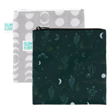 Load image into Gallery viewer, Bumkins Reusable Snack Bag, Large 2 Pack: Desert Night includes 2 waterproof bags—one grey with moon phases, another green with cacti and moons.