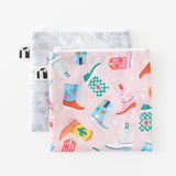 Roamio by Bumkins Reusable Snack Bag, Large 2 Pack: Disco Boots lays overlapped on a white background.