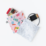 Roamio by Bumkins Reusable Snack Bag, Large 2 Pack: Disco Boots lays overlapped on a white background with electronics like SD cards peeking out.